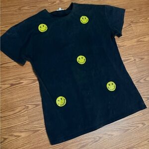 Women’s Oversized S Black T-Shirt with Yellow Rhinestone Smiley Happy Faces